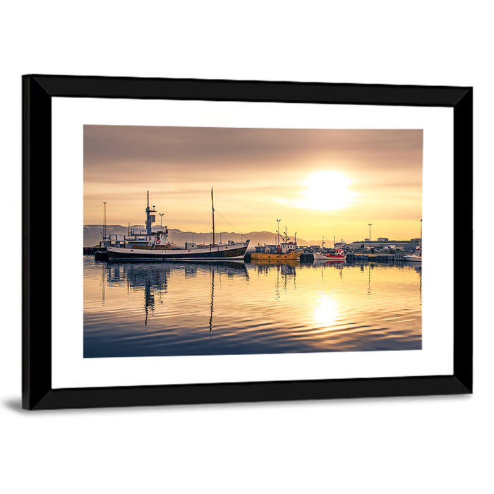 Husavik Harbor at Golden Hour Wall Art as a framed print
