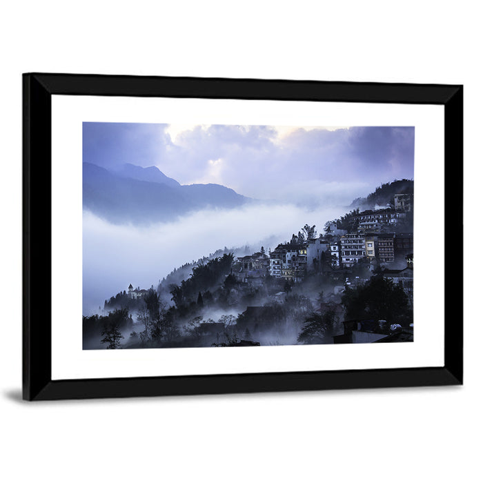 Misty Hillside Town Wall Art as a framed print