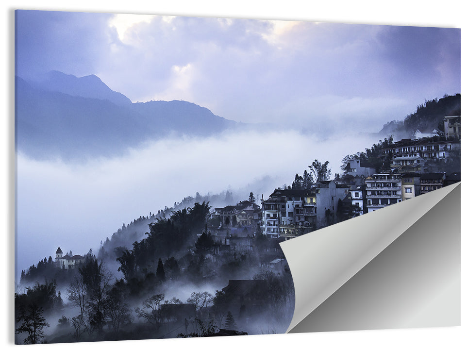 Misty Hillside Town Wall Art