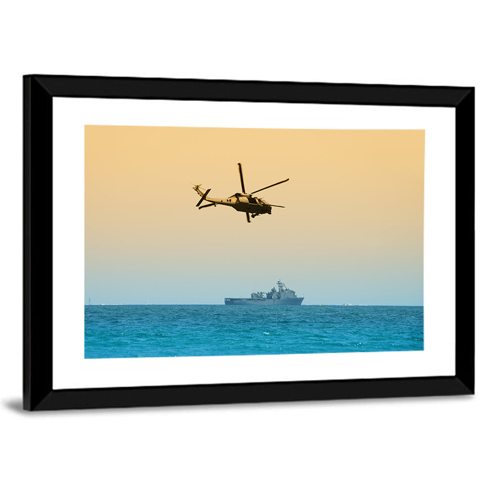 Helicopter Over Warship at Sea Wall Art