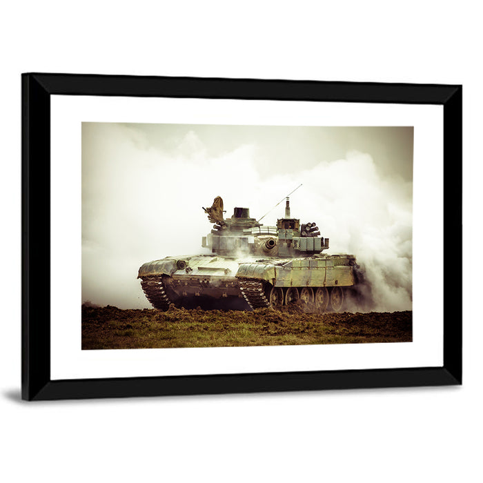 Camouflaged Battle Tank in Smoke Wall Art as a framed print