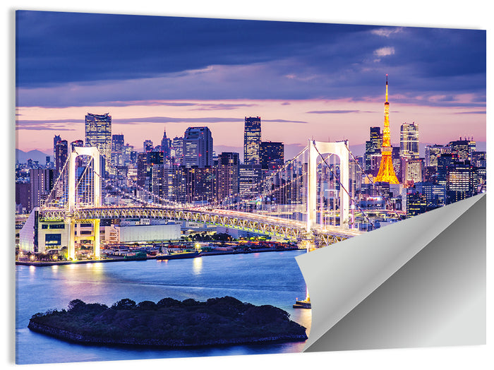 Rainbow Bridge and Tokyo Tower at Twilight Wall Art as a poster print