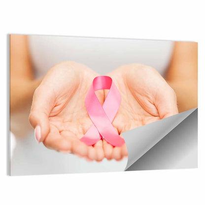 Cupped Hands Holding Pink Ribbon Wall Art