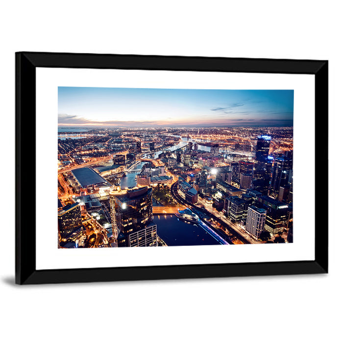 Melbourne Twilight Skyline Wall Art as a framed print