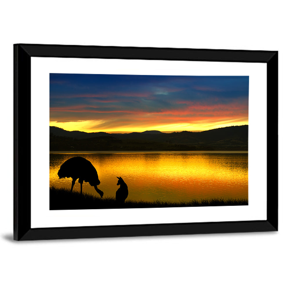 Kangaroo and Emu at Lake Sunset Wall Art