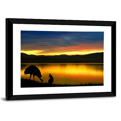 Kangaroo and Emu at Lake Sunset Wall Art