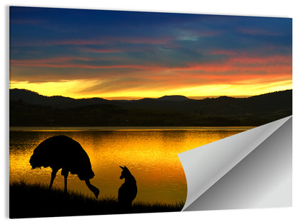 Kangaroo and Emu at Lake Sunset Wall Art