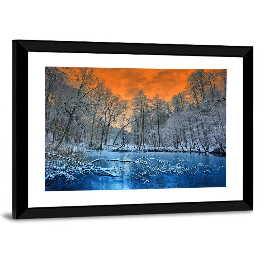 Sunset Over Winter Forest Lake Wall Art