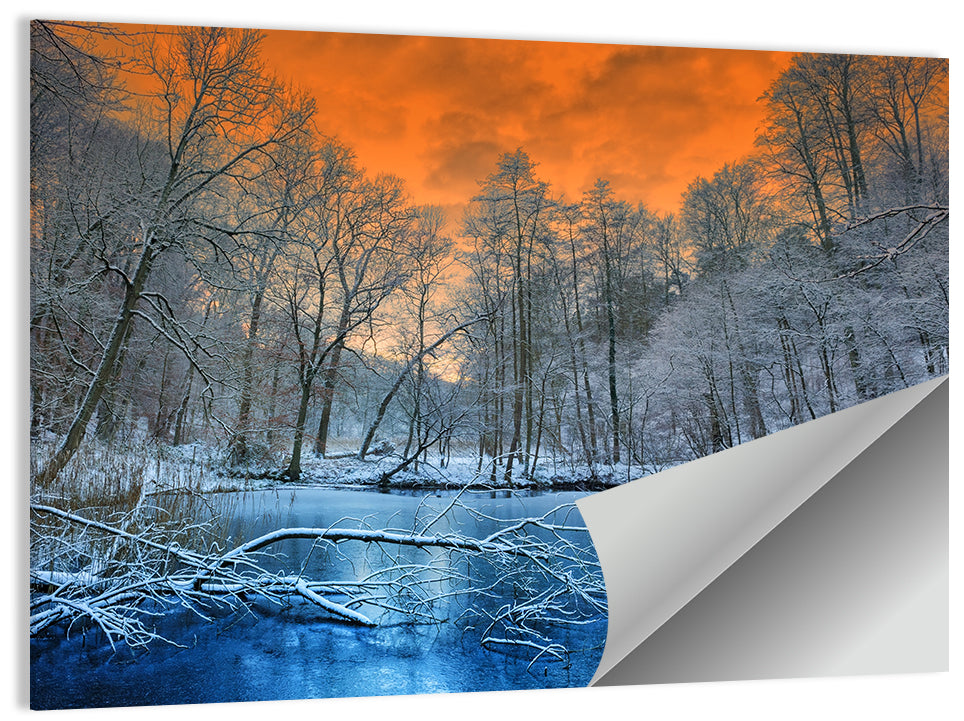 Sunset Over Winter Forest Lake Wall Art