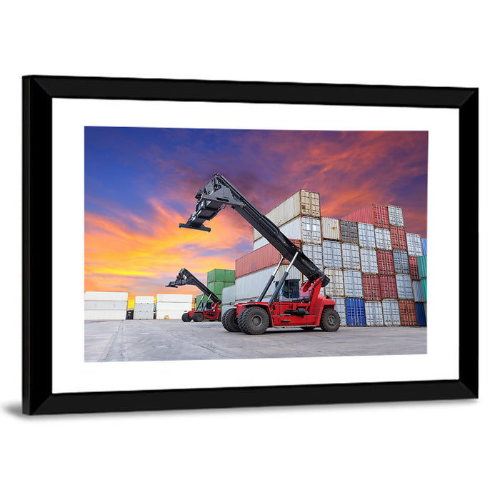 Red Reach Stackers at Sunset Wall Art as a framed print