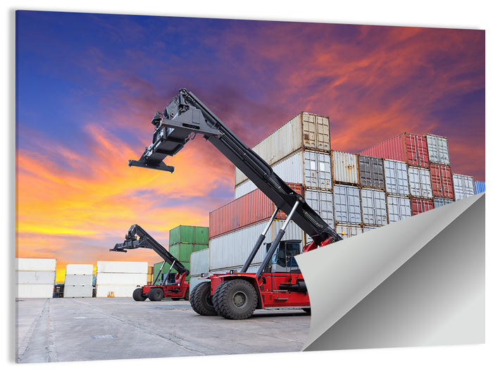 Red Reach Stackers at Sunset Wall Art as a poster print