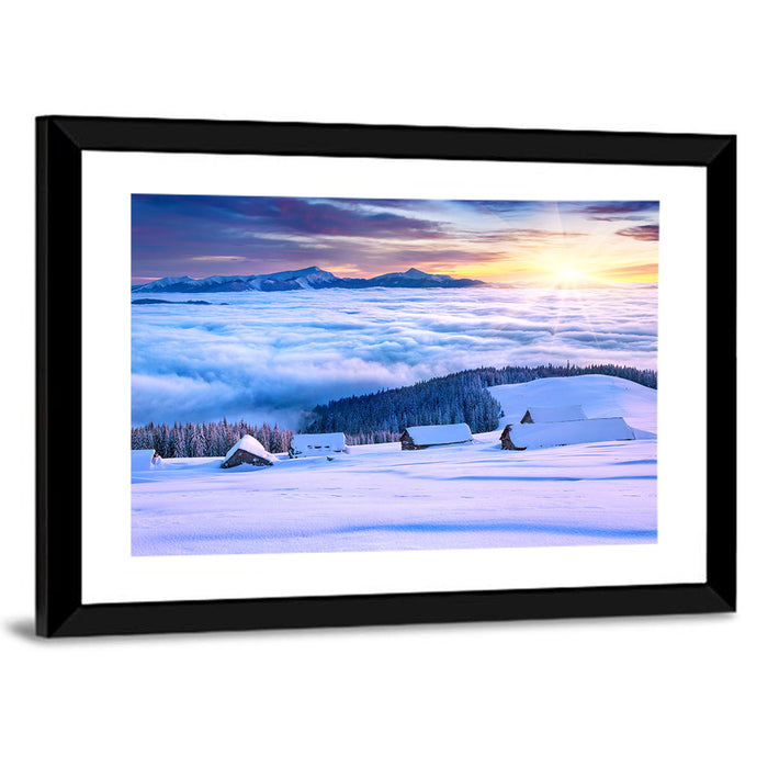 Snowy Cabins Above Clouds Wall Art as a framed print