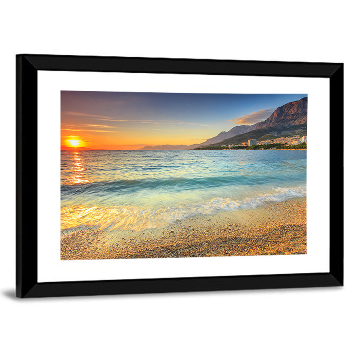 Makarska Pebble Beach Sunset Wall Art as a framed print