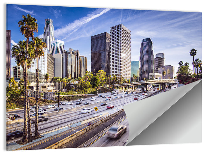 Los Angeles Freeway to Downtown Skyline Wall Art as a poster print