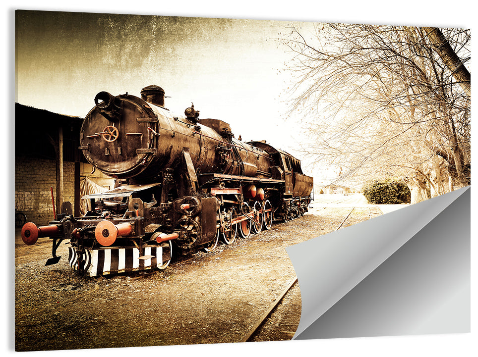 Sepia Steam Locomotive on Rusted Tracks Wall Art