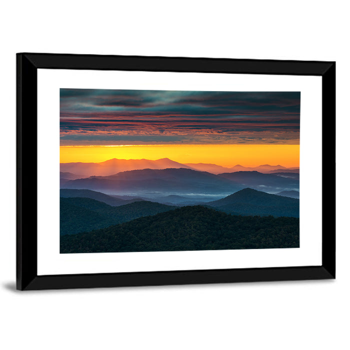 Misty Blue Ridge Sunrise North Carolina Wall Art as a framed print
