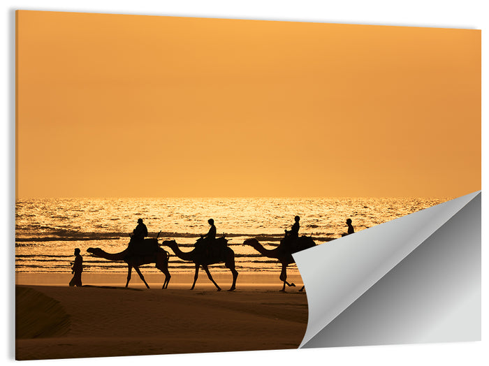 Camel Caravan Silhouette on Wet Sand Wall Art as a poster print