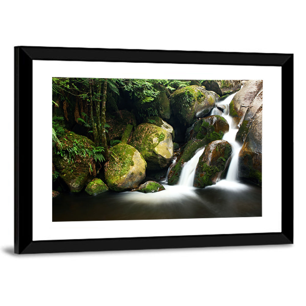 Rainforest Waterfall with Moss Covered Boulders Wall Art