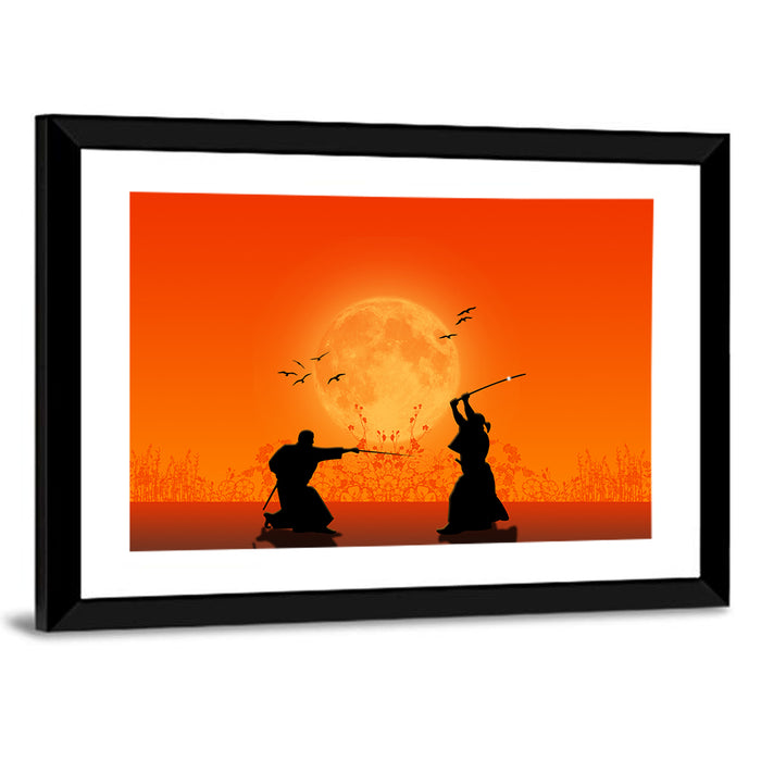 Moonlit Samurai Duel Wall Art as a framed print