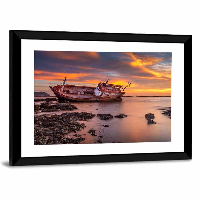 Shipwreck at Sunset Wall Art as a framed print