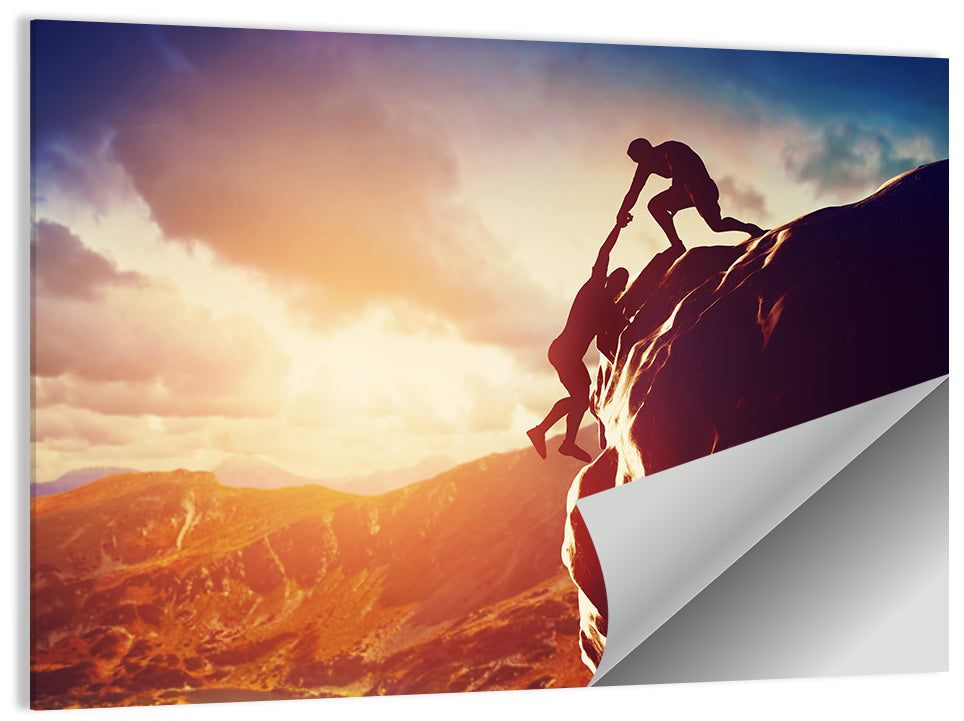 Two Hikers Summit Assist at Sunset Wall Art