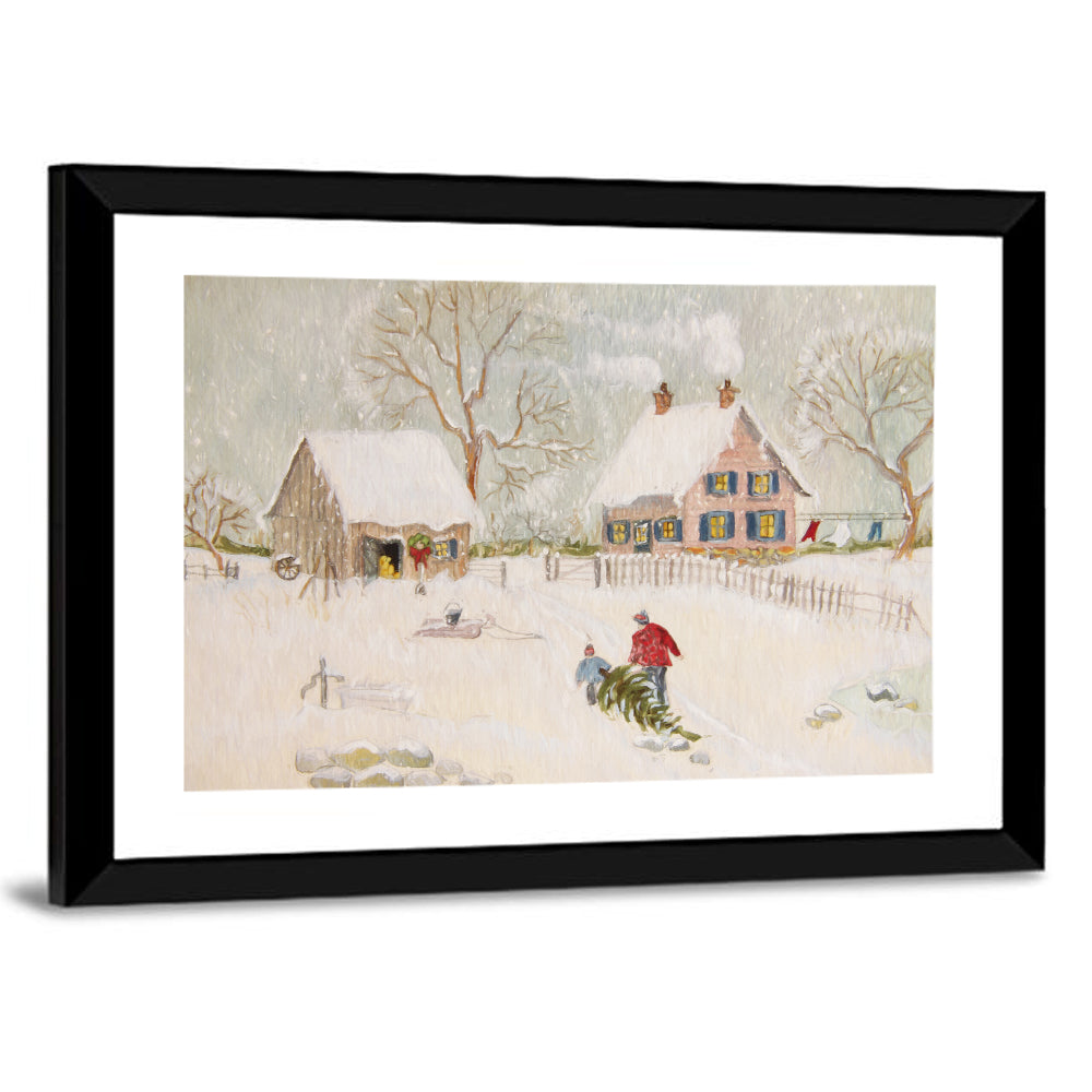 Snowy Farmhouse Illustration Wall Art