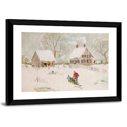 Snowy Farmhouse Illustration Wall Art