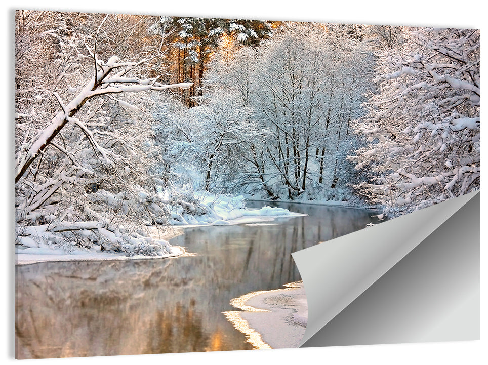 Snow-covered Stream at Golden Hour Wall Art