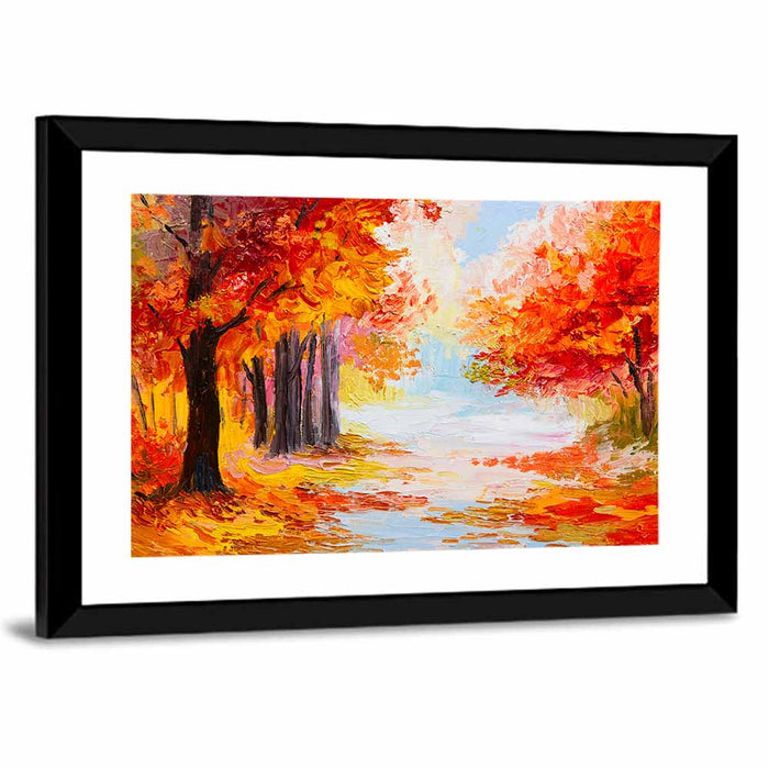 Autumn Forest Pathway Wall Art as a framed print