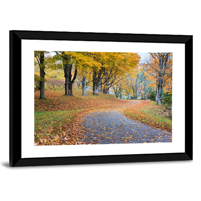 Autumn Road with Golden Canopy Wall Art as a framed print