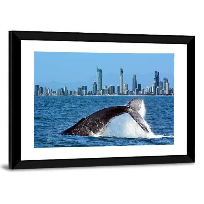 Gold Coast Whale and Skyline Wall Art as a framed print