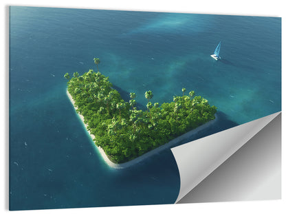V-shaped Tropical Island with Distant Catamaran Wall Art