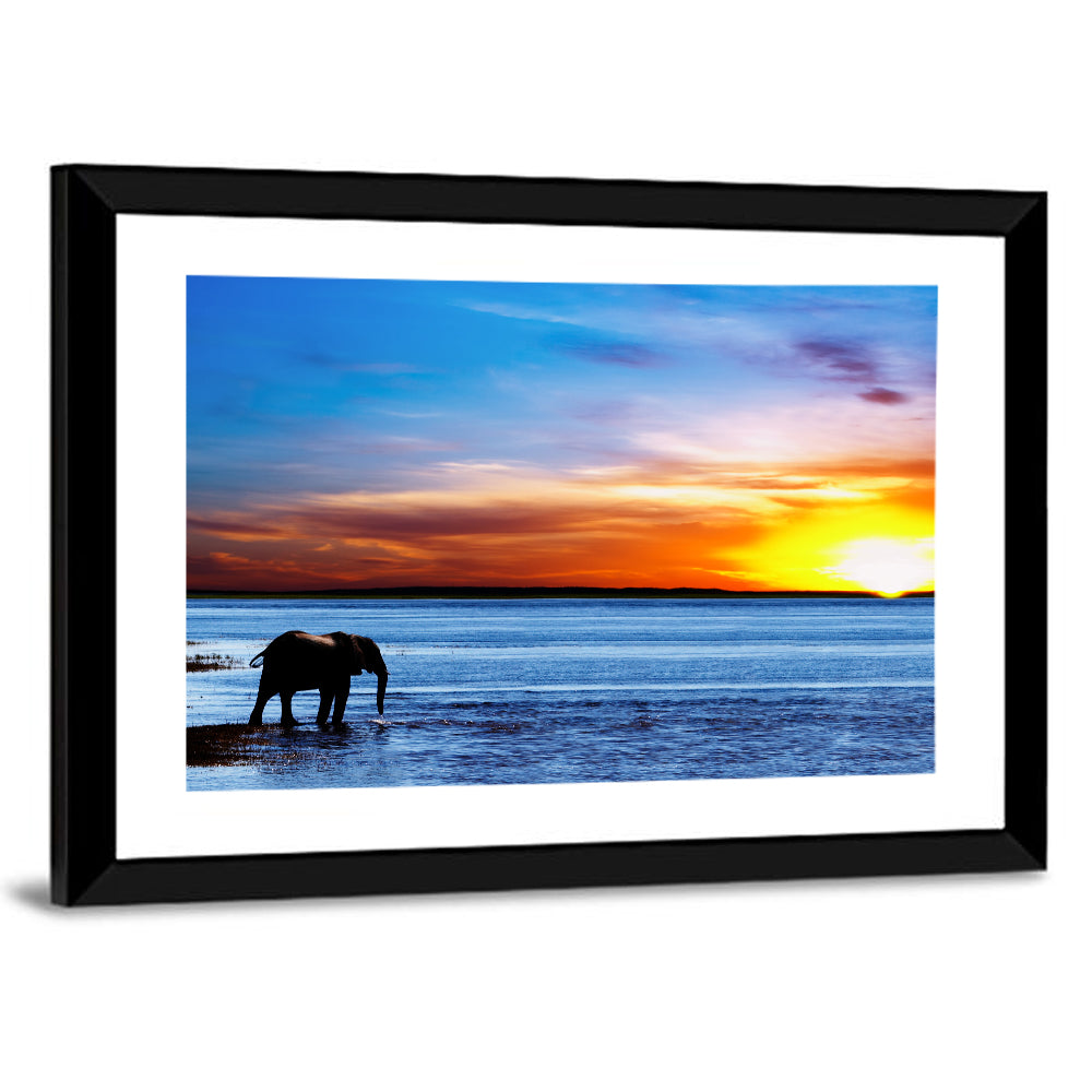 Elephant Silhouette at Beach Sunset Wall Art