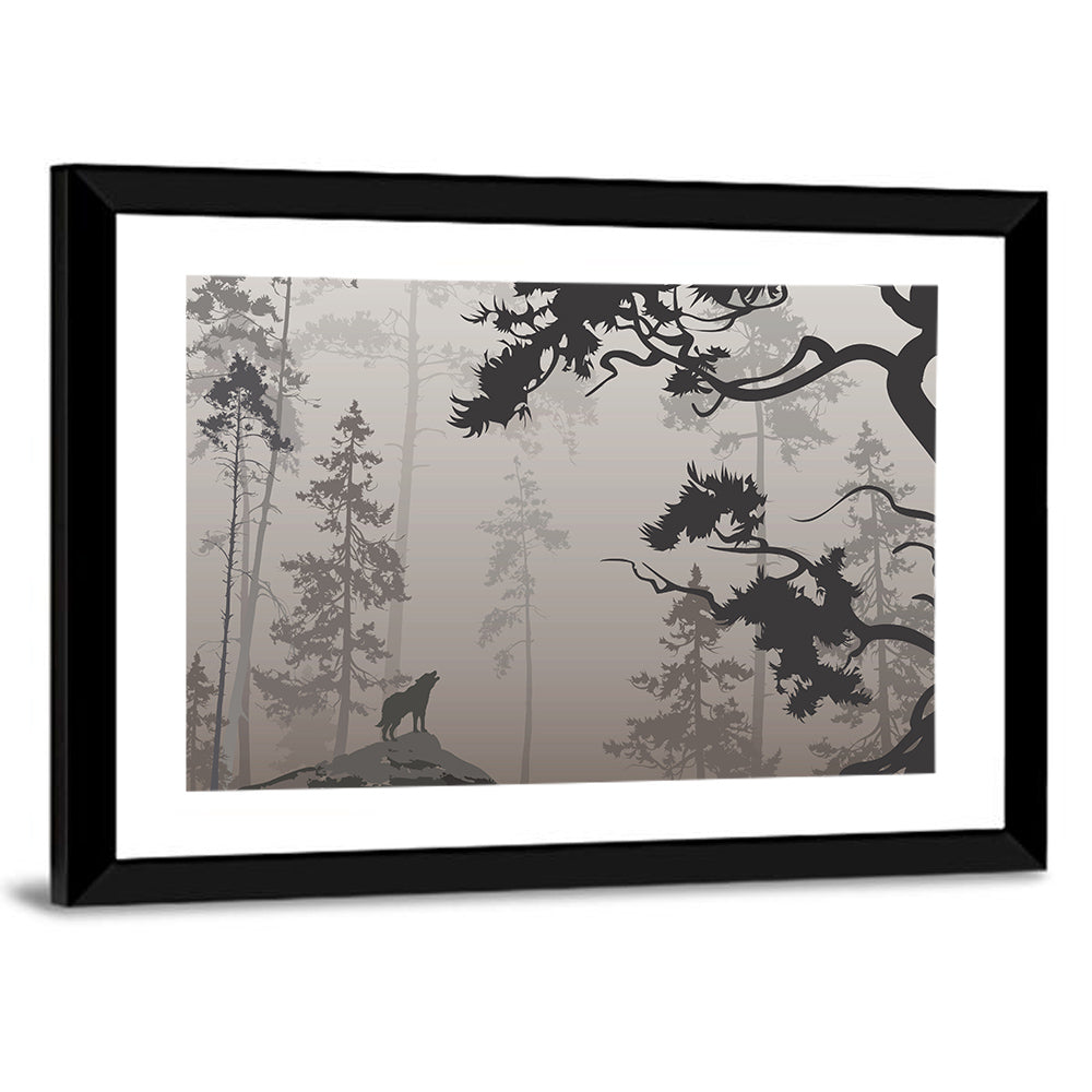 Howling Wolf in Misty Forest Wall Art