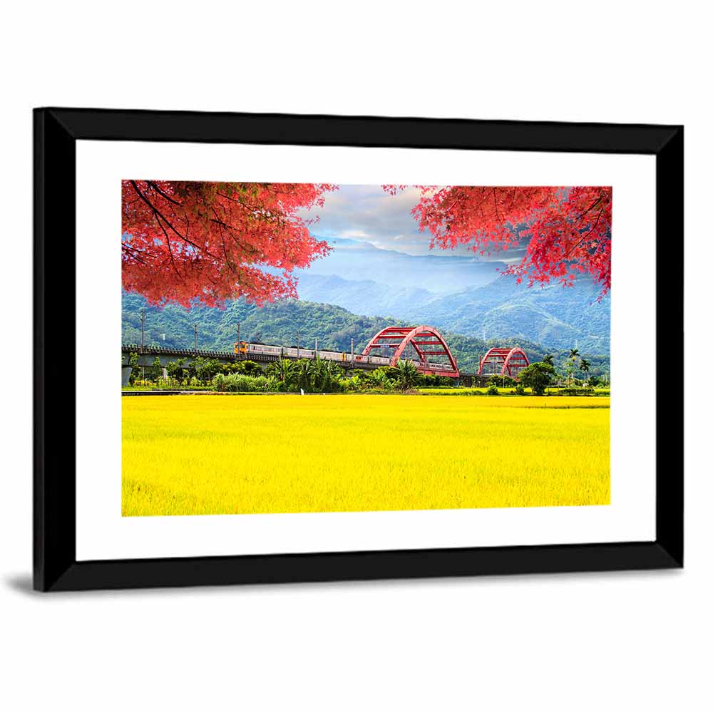 Autumn Train Over Taiwan Rice Fields Wall Art