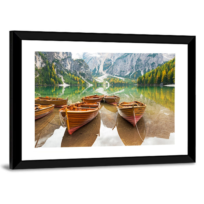Rowboats on Lake Braies Wall Art as a framed print