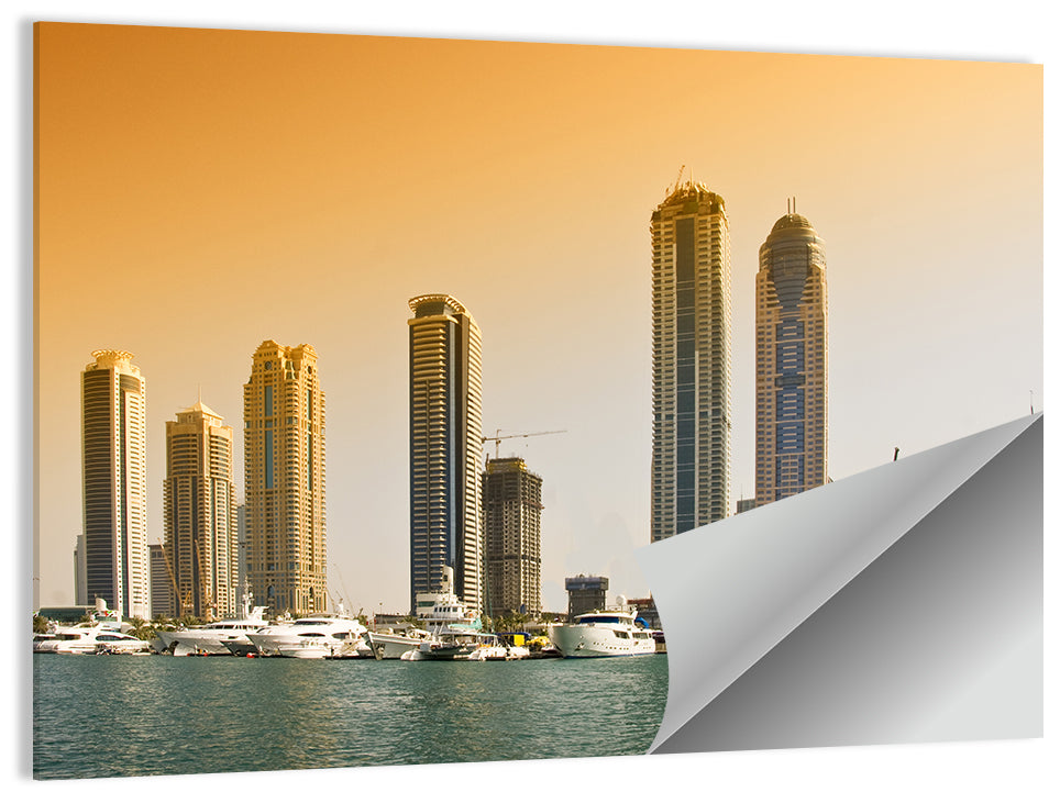 Dubai Marina Sunset Skyline with Yachts Wall Art