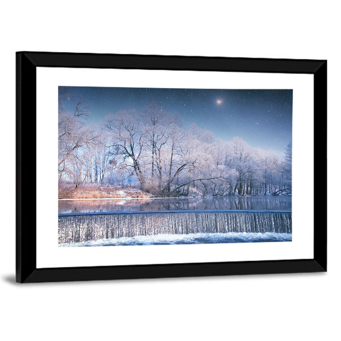 Starlit Winter Waterfall Wall Art as a framed print