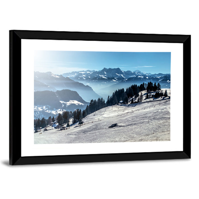 Sunlit Alpine Ski Slope Wall Art as a framed print