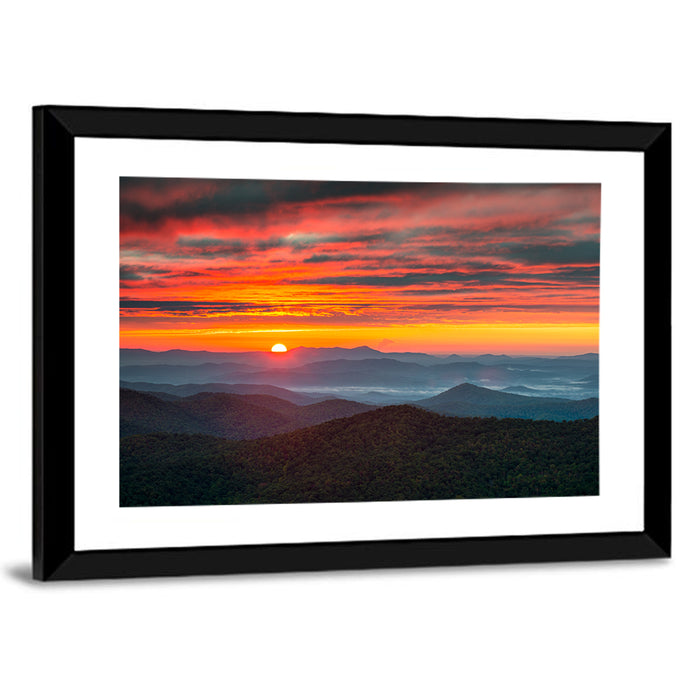 Blue Ridge Sunrise Over Misty Ridges Wall Art as a framed print