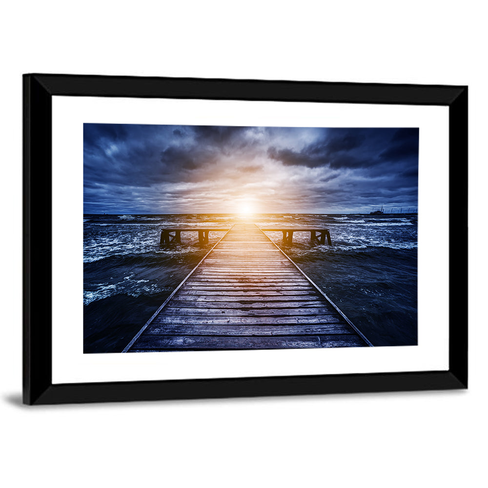 Sunlit Wooden Jetty at Dusk Wall Art