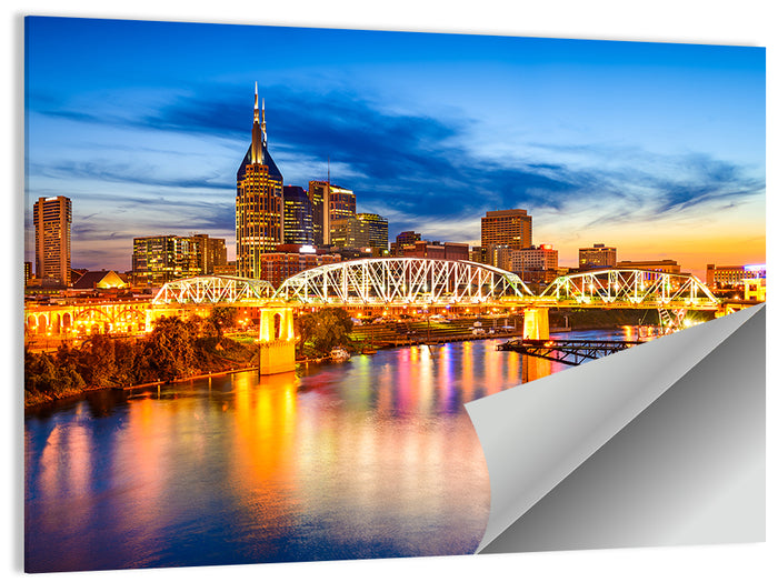 Nashville Skyline at Twilight Bridge Reflections Wall Art as a poster print