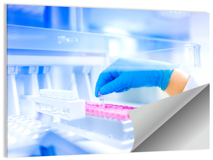 Gloved Hand with Vial and Pink-capped Tubes Wall Art as a poster print