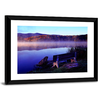 Bench at Misty Lake Sunrise Wall Art