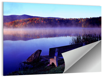 Bench at Misty Lake Sunrise Wall Art