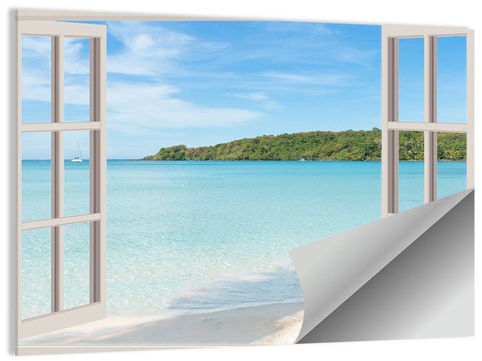 Turquoise Beach View Through Window Wall Art as a poster print