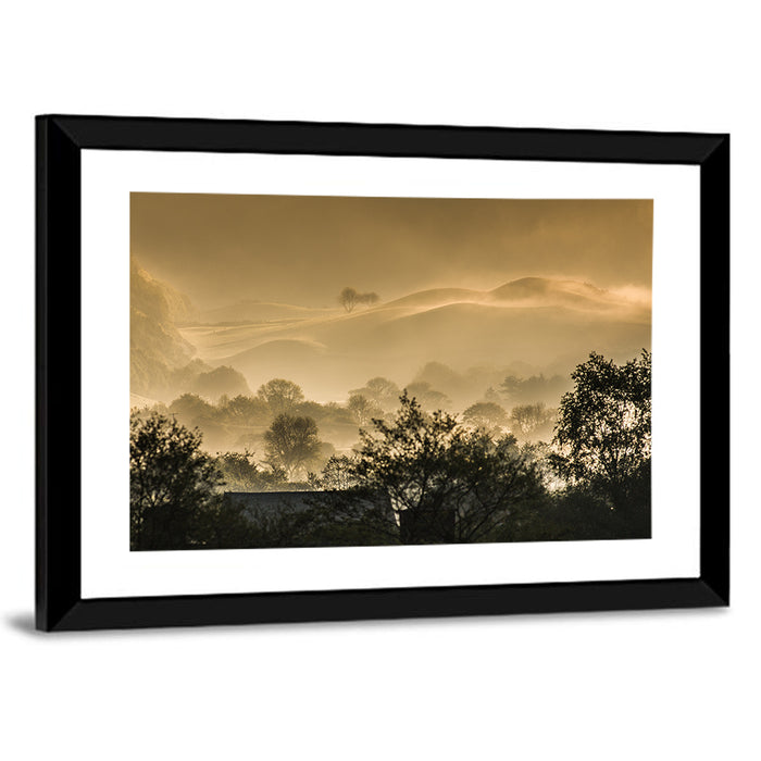 Bronze Morning Mist Over Hills Wall Art as a framed print