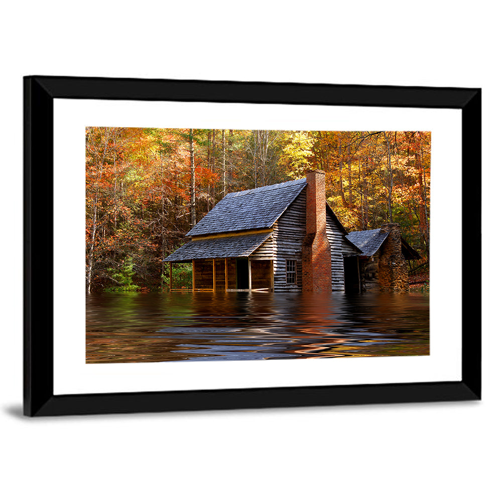 Autumn Flooded Log Cabin Wall Art