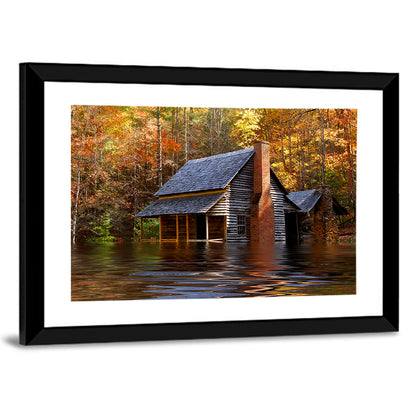 Autumn Flooded Log Cabin Wall Art