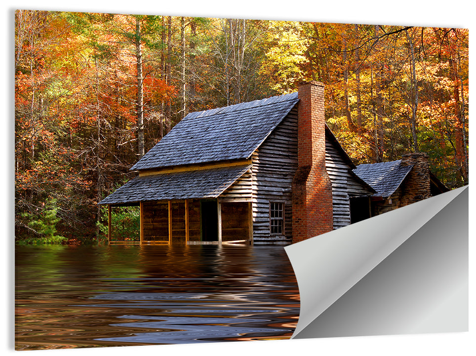 Autumn Flooded Log Cabin Wall Art